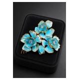 Made Austria Blue Enamel Floral Rhinestone Brooch