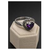 Sterling Silver Amethyst Marcasite Heart Ring 7