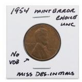 1954 Lincoln Wheat Cent, Choice UNC Mint Error
