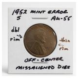 1952-S Lincoln Wheat Cent, AU-55, Off-Center