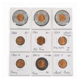 9-Coin Lincoln Cent Group, 1955-S, 1959-1966