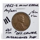 1952-S Lincoln Wheat Cent, AU/UNC, Off-Center