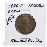 1926-D Wheat Cent, VF/Fine, Abraded Rev Die