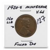 1920-S Lincoln Wheat Cent, V.G., Mint Error