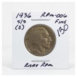 1936-S/S Buffalo Nickel, Fine, RPM-006