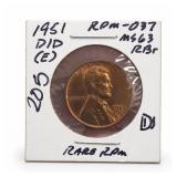 1951-D/D Lincoln Wheat Cent, MS63, RPM D