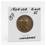1909 VDB Lincoln Wheat Cent, About UNC