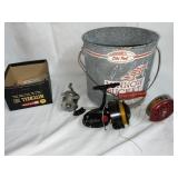 MINNOW BUCKET  WITH 3 REELS