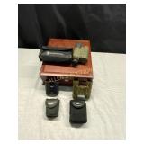 WOODEN  BOX  WITH STEALTH CAM AND BINOCULARS