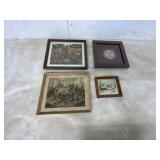 3 FRAMED PRINTS WITH 1 FRAMED NEEDLEWORK PIECE