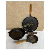 3 CAST IRON PANS WITH WOODEN HANDLES