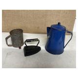 ENAMEL COFFEE POT   IRON AND  SIFTER