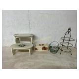 WOODEN STEP STOOL BOX  BASKET METAL PLATE HOLDER