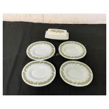 PYREX BUTTER DISH AND 4 PLATES