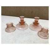2 SETS  PINK DEPRESSION GLASS CANDLE HOLDERS