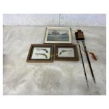 FRAMED AND MATTED NEEDLE WORK WHISKEY FLASK