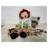 RAGGEDY ANN SOCK MONKEY BOX SPIN TOP COIN BANK
