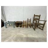 3 CHILDS ROCKING CHAIRS AND 2 STOOLS