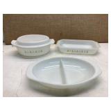 2 FIRE KING PIECES  AND 1 PYREX DIVIDED DISH