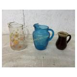 2 GLASS PITCHERS AND POTTERY PITCHER
