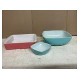 3 PYREX DISHES (PINK AND 2 BLUE)