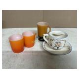3 FIRE KING CUPS AND 1 MUSTACHE MUG WITH SAUCER