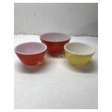 3 PYREX MIXING BOWLS RED, YELLOW, ORANGE