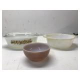 3 FIRE KING DISHES (WHITE, PINK, HARVEST VEGETABLE