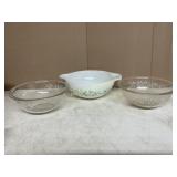 3 PYREX DISHES (CLEAR COLONIAL MIST AND GREEN IVY)