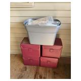 GRAY TOTE WITH SEWING ITEMS 4 BURGANDY PLASTIC