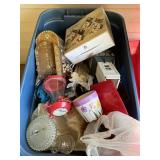 BLUE TOTE WITH BIRD FEEDER BOWLS CUT GLASS