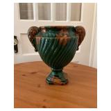 Green and Brown Ceramic Double-Handle Vase with Sw