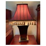 Bronze-Finish Table Lamp with Red Tasseled Shade