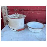 White Enamel Bucket and Bowl Set