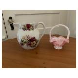 Floral Porcelain Pitcher and Fenton Glass Basket