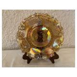 Iridescent Amber Pressed Glass Bowl