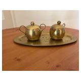 Brass Creamer, Sugar Bowl, and Tray Set