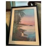 Framed Pastel Landscape With Dusk Scene