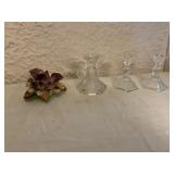 Set of Glass Candleholders and Ceramic Floral Cand