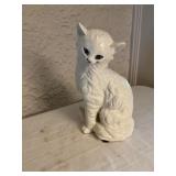 White Glazed Ceramic Cat Figurine With Textured Fu