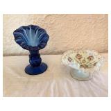 Two Glass Bowls: Blue Swirl Pedestal Vase and Whit