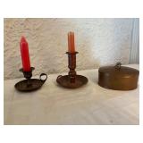 Group of Two Metal Candle Holders and Brass Oval B
