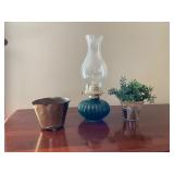 Oil Lamp with Green Glass Base, Brass Planter, and