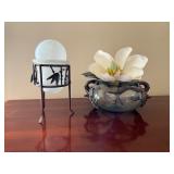 Glass Vase With Metal Overlay And Frosted Lantern