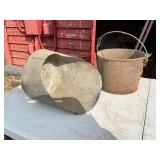 Metal Grain Scoop and Rusted Bucket