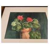 Framed Watercolor Painting of Geraniums in a Pot
