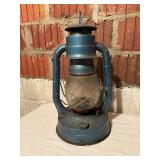 Blue Metal Hurricane Lantern with Globe and Wire G