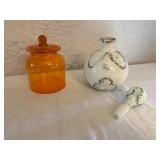 Amber Glass Jar and White Glass Decanter