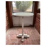 Round White Pedestal Table with Faux Marble Top