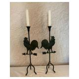 Pair of Metal Rooster Motif Candle Holders